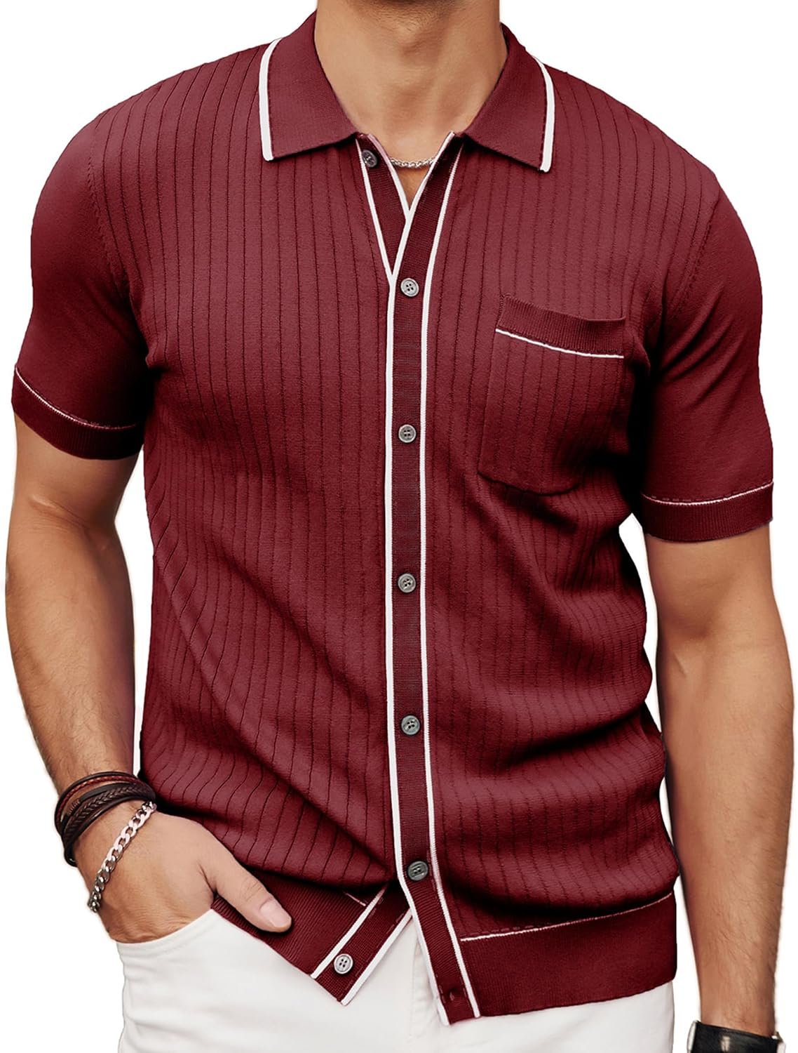 Men's Short Sleeve Knit Shirt Vintage Button Down Golf