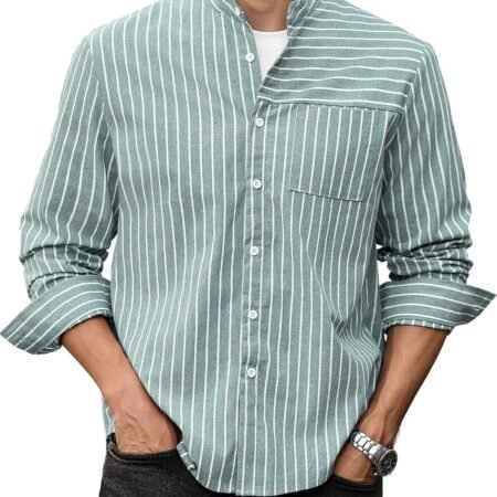 Men's Casual Button-Down Shirts Long Sleeve Striped Cuban  Banded Collar with Pocket All-Day Shirt Tops
