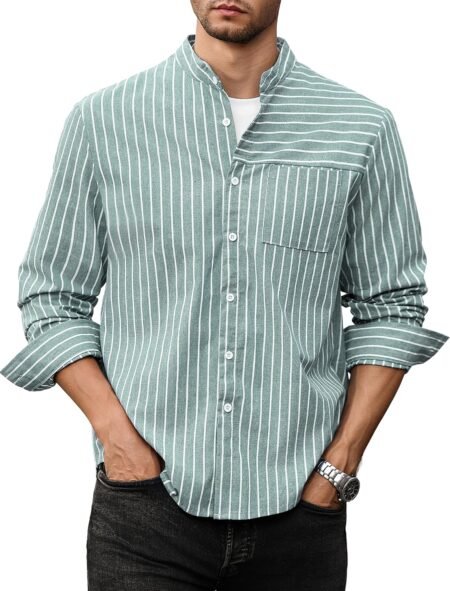 Men's Casual Button-Down Shirts Long Sleeve Striped Cuban  Banded Collar with Pocket All-Day Shirt Tops