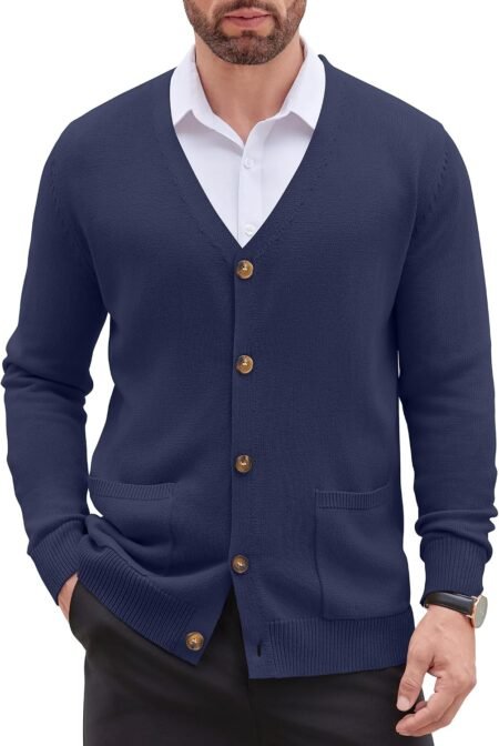 Men's Cardigan Sweater Long Sleeve Casual V Neck Button Down Knitted Sweater with Pockets