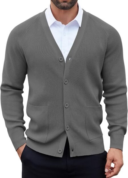 Men's Cardigan Sweaters with Button Lightweight Casual V Neck Long Sleeve Pockets Knitted Sweater